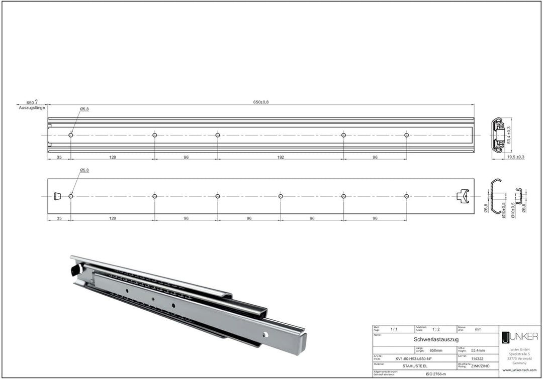 SOTECH 1 Paar Vollauszüge 114323 Höhe 53,4 mm, Länge 650 mm Kugelführungen mit 100 Kg Tragkraft Läng