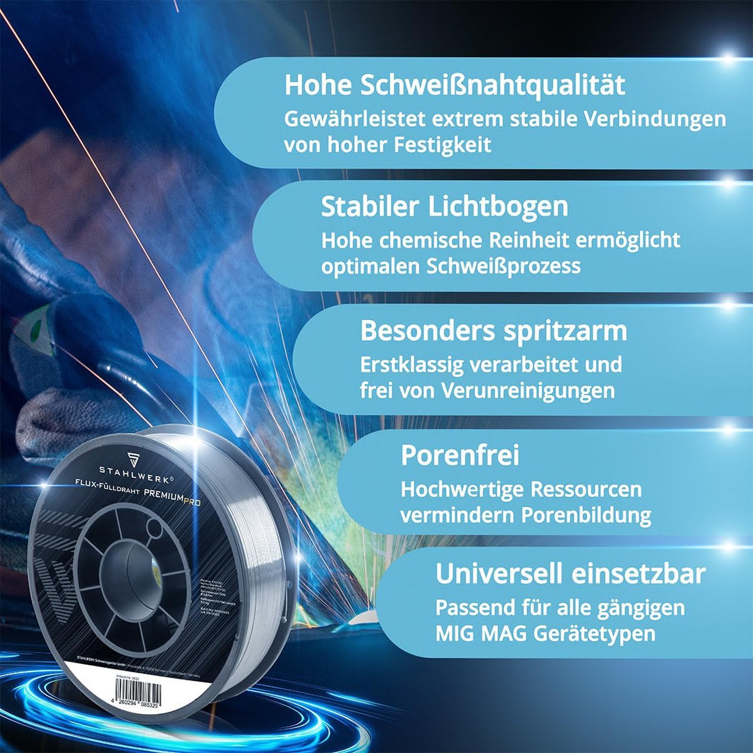 STAHLWERK FLUX Fülldraht Ø 0,8 mm E71T-GS – 5 kg D200-Spule für 50 mm Dorn, universell einsetzbar, s