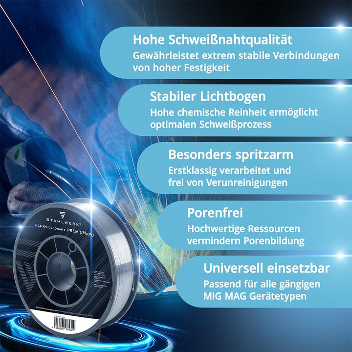 STAHLWERK FLUX Fülldraht Ø 0,8 mm E71T-GS – 5 kg D200-Spule für 50 mm Dorn, universell einsetzbar, s
