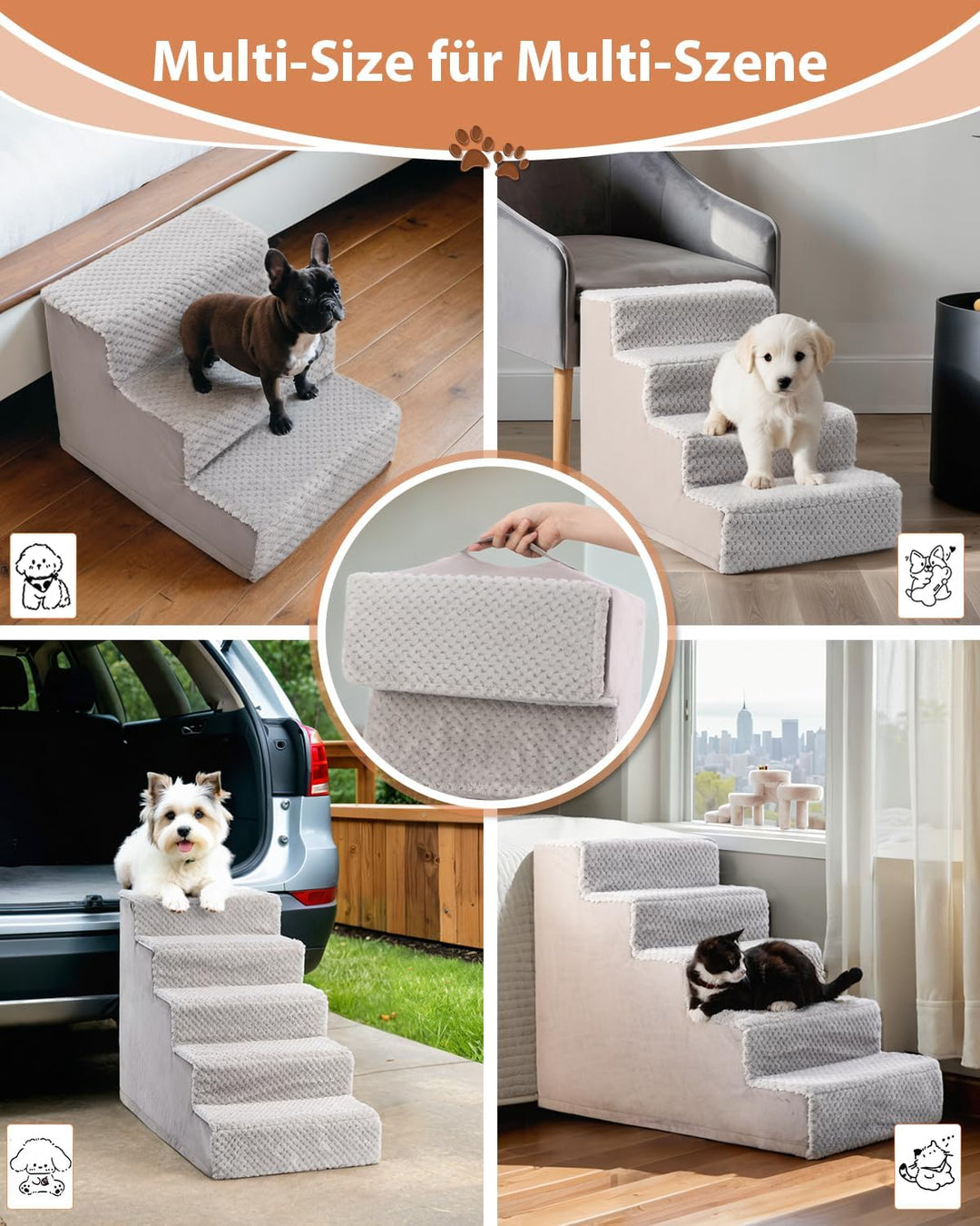 KSIIA Hundetreppe für Kleine Hunde 33cm Hoch, Haustiertreppe mit Abnehmbarem Waschbarem Bezug, Katze