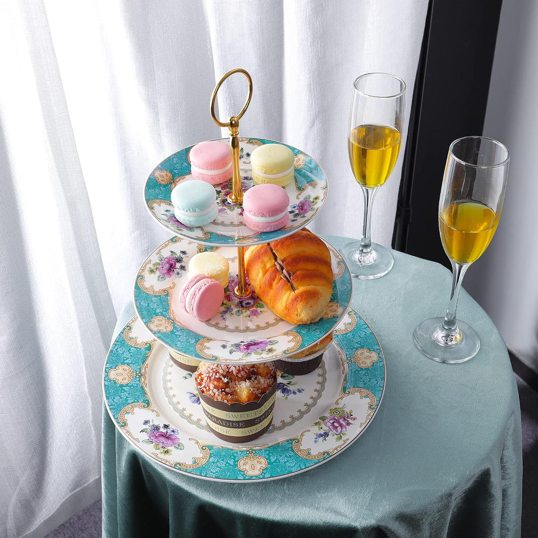 fanquare 3 Stufig Porzellan Tortenständer, Blau Blumen Vintage Cupcake Ständer, Anzeigeturm Tablett
