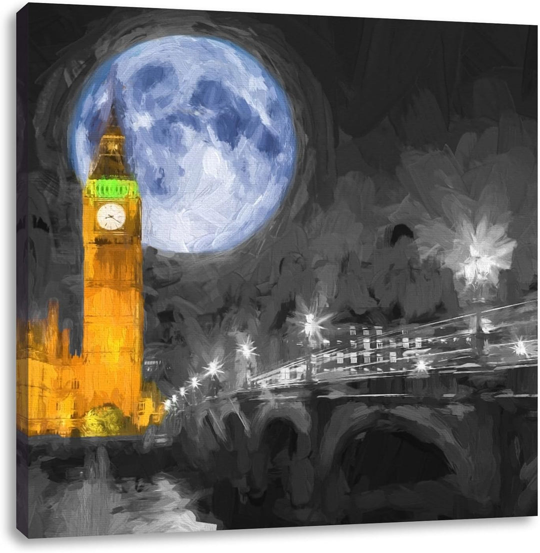 Pixxprint Big Ben vor Vollmond als Leinwandbild/Grösse: 70x70 cm/Wandbild/Kunstdruck/fertig bespannt