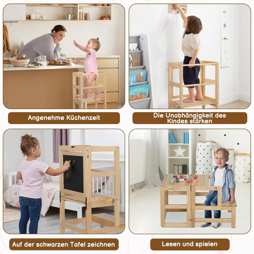 LALAHO Lernturm ab 1 Jahr，Tritthocker Holz，Lernturm Klappbar mit rutschfeste Matte，Montessori Inspir
