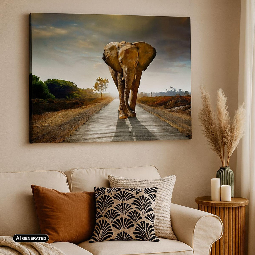 Bilder auf Leinwand 100x70cm Leinwandbild Elefant Strasse Landschaft Gross Wanddeko Bild Schlafzimme