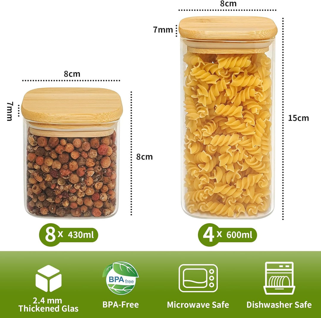 Withosent Vorratsdosen Glas 12er Set, 430/600ml Gewürzgläser Eckig Holzdeckel, Vorratsgläser Glasbeh