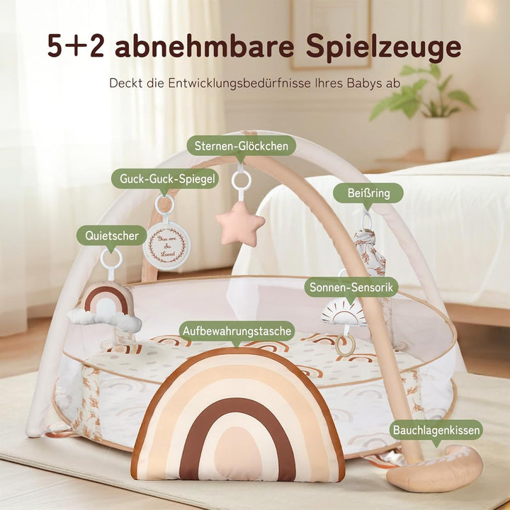 Mallify 6-in-1 XL Baby-Spielbogen mit Spielmatte &amp; Bällebad, Kombiniertes Baby-Spielcenter mit Meile