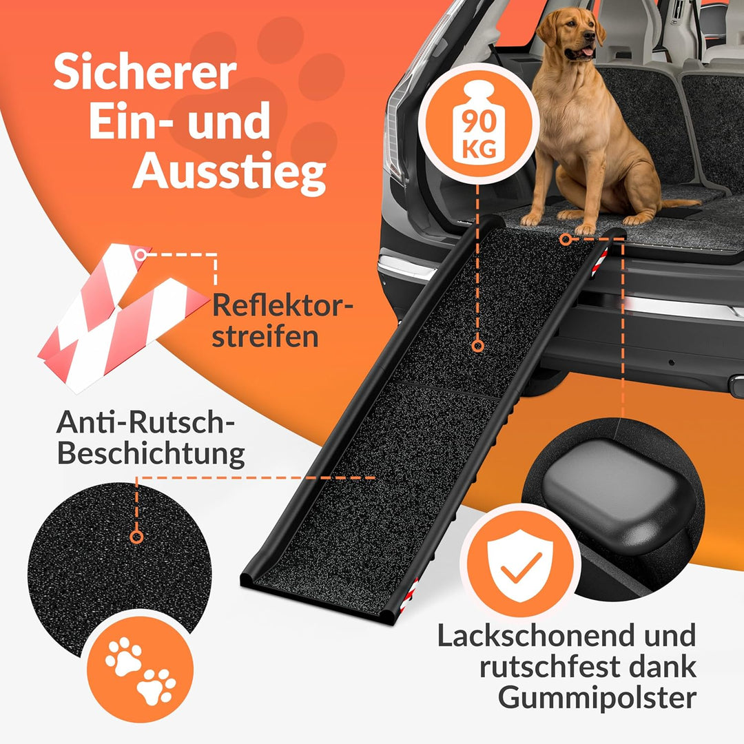 Hunderampe Auto klappbar 90kg kompakt 156x40cm Tragegriff Sicherungsbügel Reflektoren Trinknapf Hund