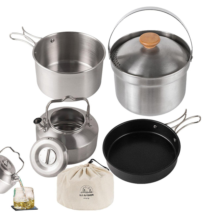 Camping Kochtopf-Set 4-teilig Wandern Kochgeschirr Edelstahl Kochgeschirr für Camping, Wandern, Brat