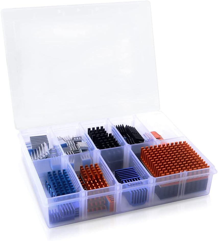 GeeekPi 102 PCS (12 Verschiedene Grössen) Kühlkörper Kit mit leitfähigem Klebeband, Aluminium Kühlkö
