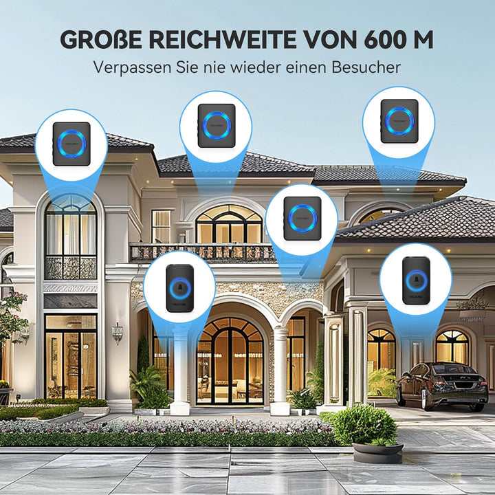 TECKNET Funkklingel, IP65 Funk klingel Set Aussen Wasserdicht, Kabellose Türklingel 600m Reichweite,