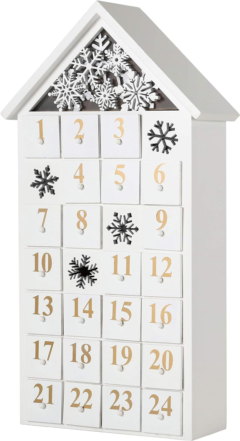 BRUBAKER Adventskalender aus Holz zum Befüllen - Weisses Schneehaus mit LED-Beleuchtung - Wiederverw