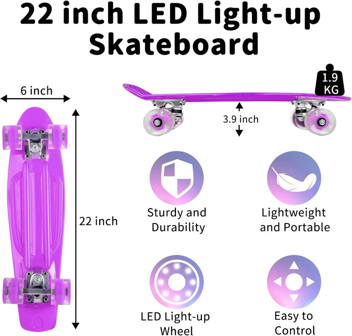 BELEEV Skateboard Komplette 22 Zoll Mini Cruiser Skateboard für Kinder Jugendliche Erwachsene, LED L