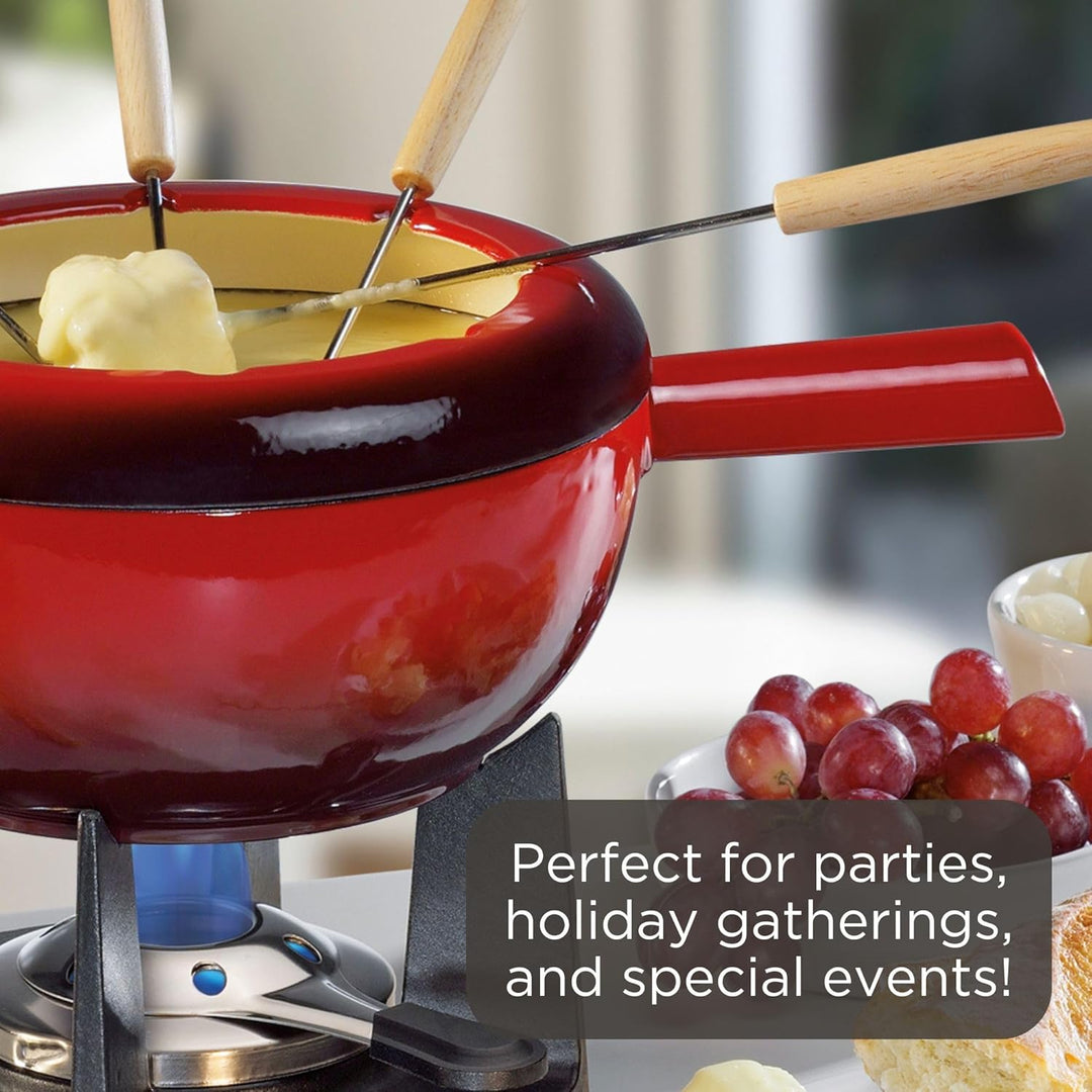 Spring Gusseisen Fondue Set rot | Ø 20 cm | mit 8 Fonduegabeln und Spritzschutz | für Käsefondue, Fl