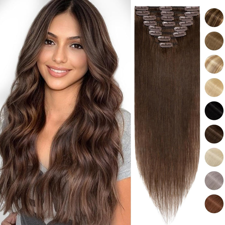Silk-co Echthaar Clip In Extensions 8 Tressen 18 Clips 60g, Braun Hair Extensions, Remy Echthaar Cli
