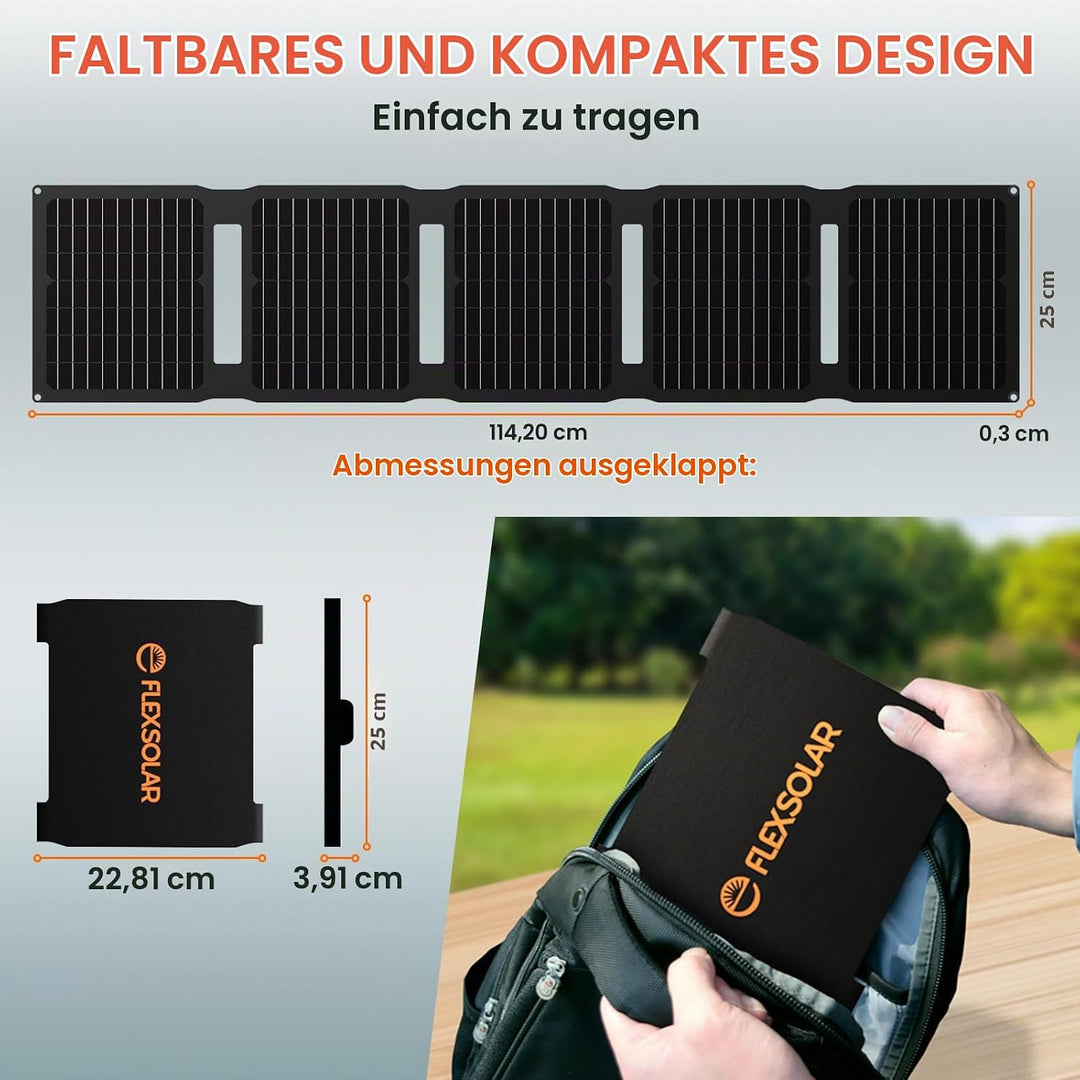 FlexSolar Solarpanel 40W, Solarladegerät verbesserte PD2.0 USB-C, QC3.0 USB-A und DC-Solarpanel IP67