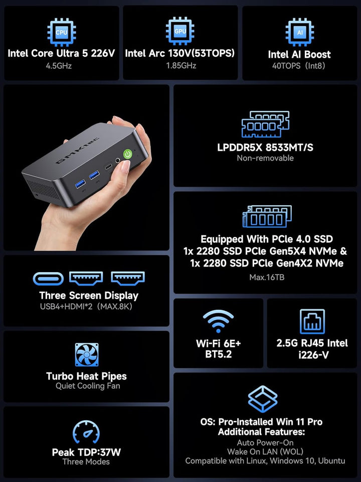 GMKtec K17 AI Mini PC Intel Core Ultra 5 226V up to 4.5GHz 16GB LPDDR5X 1TB SSD 97 Tops AI Intel Arc