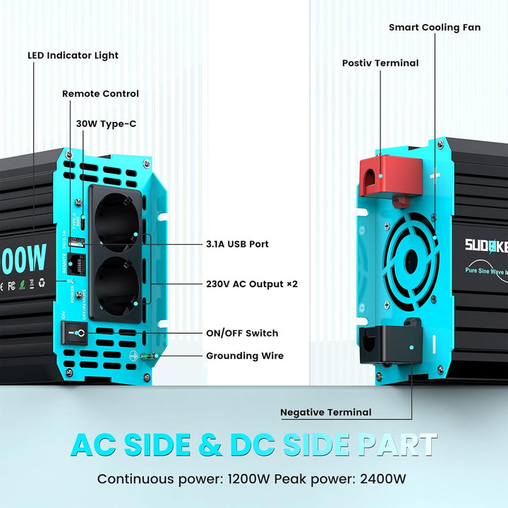 SUDOKEJI 1200W/2400W Wechselrichter Reiner Sinus Spannungswandler 12v auf 230v Power Inverter mit LC