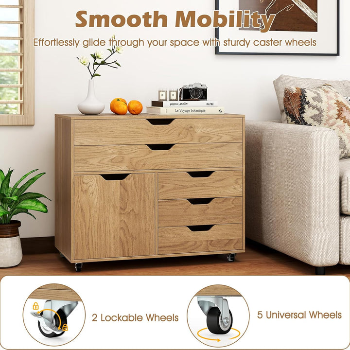 KOMFOTTEU Aktenschrank mit Rollen, Bürocontainer mit 5 Schubladen & 1 Schrank, Rollcontainer Schubla