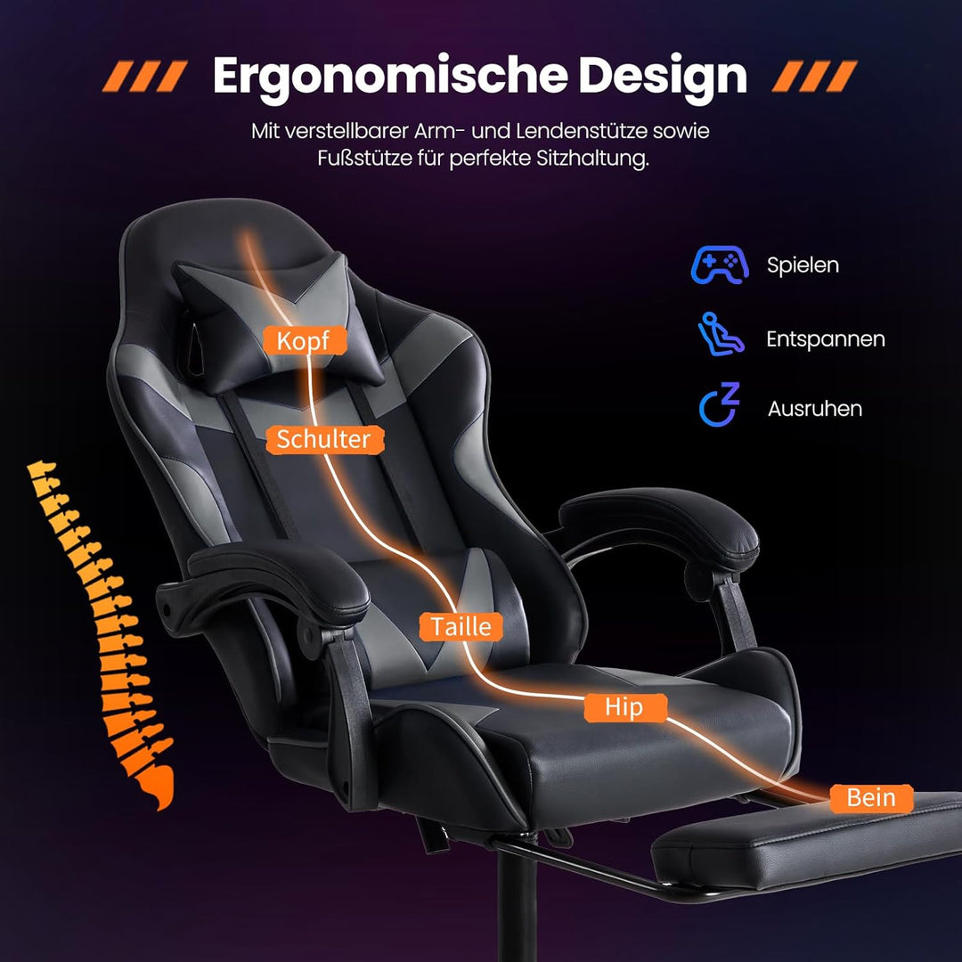 Sweetcrispy Gaming Stuhl, Gaming Chair mit Fussstütze Kopfstütze Lendenwirbelstütze, Ergonomischer P