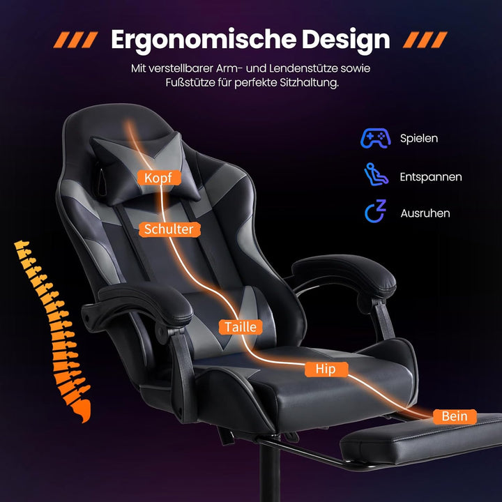 Sweetcrispy Gaming Stuhl, Gaming Chair mit Fussstütze Kopfstütze Lendenwirbelstütze, Ergonomischer P