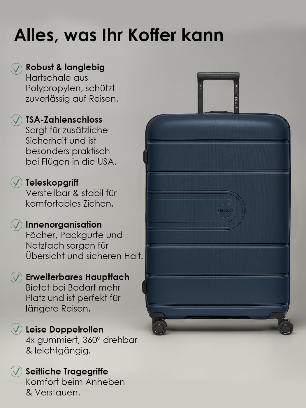 REDOLZ Hartschalen Check-in Koffer | Grosser XL Trolley 51 x 32 x 76 cm mit Dehnfalte aus hochwertig