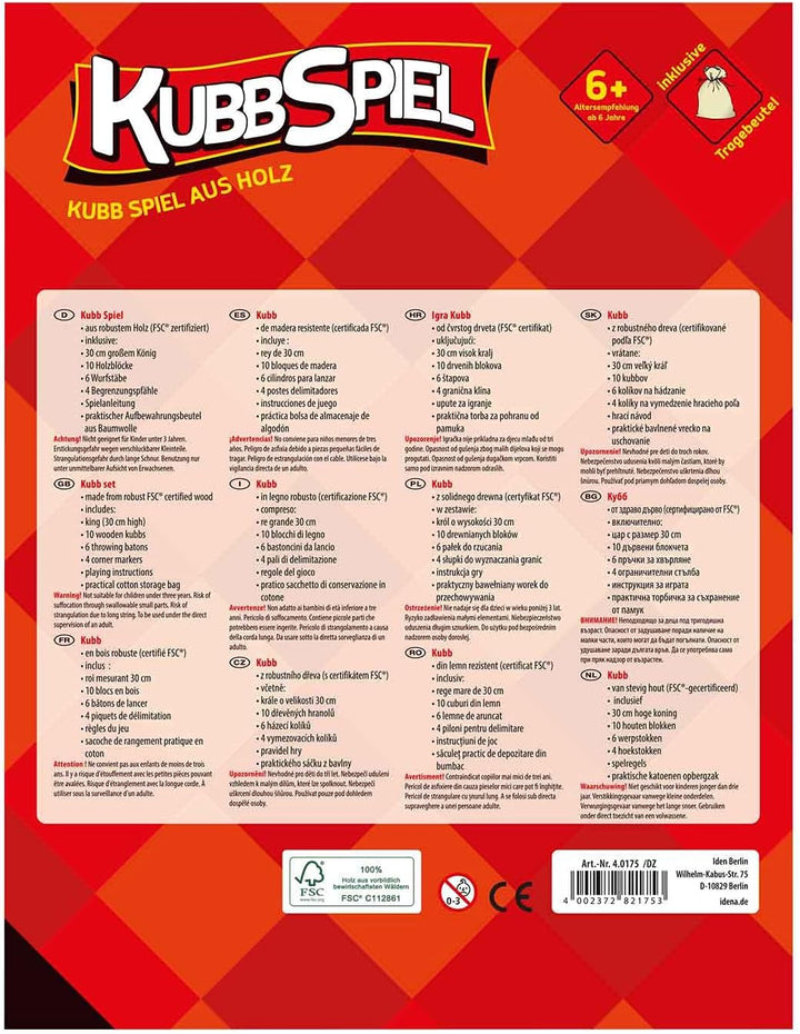 Idena 40175 - Kubb Spiel mit 10 Kubbs, 6 Wurfhölzern, König und 4 Eckstäben, inklusive Transport- un