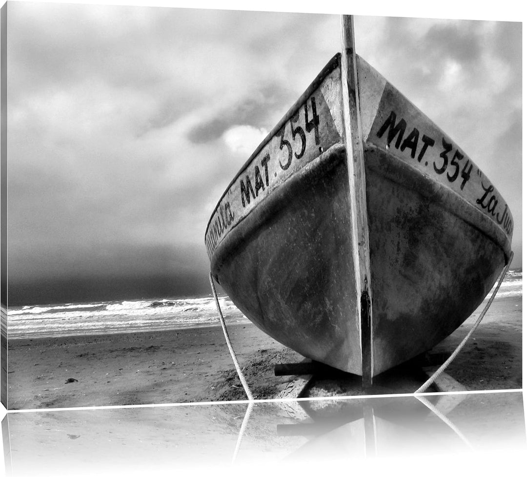 Pixxprint Monocrome, kleines Segelboot am Strand, Format: 100x70 auf Leinwand, 100x70