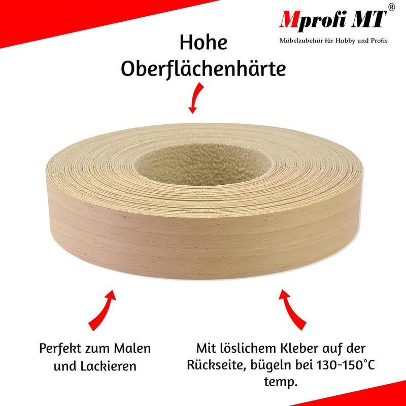 Mprofi MT® 10m Rolle-Kantenumleimer-Echtholz Furnier Umleimer mit Schmelzkleber-Bügelkante für Regal