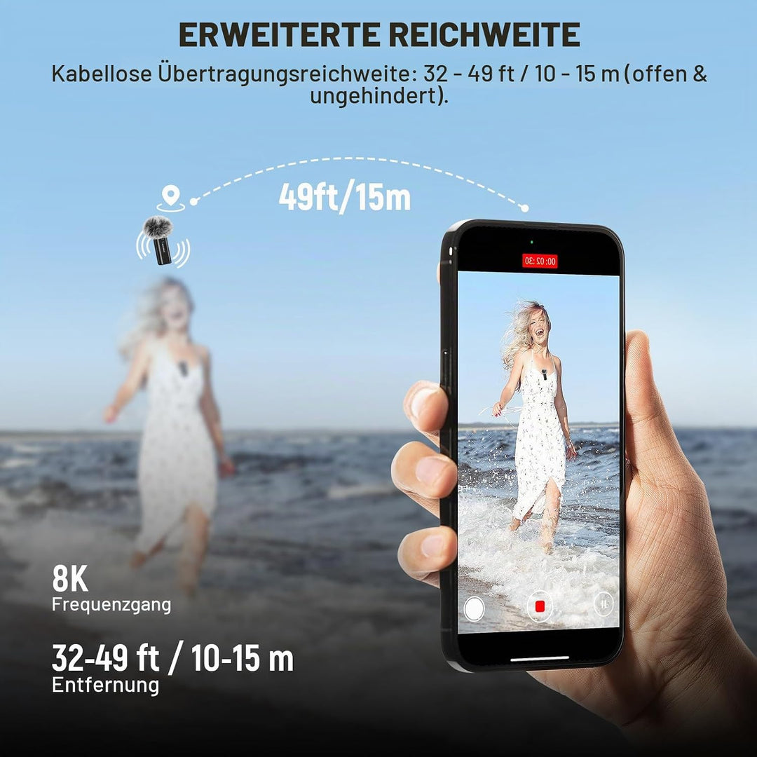 NEEWER KM23B Drahtloses Lavalier Mikrofon Bluetooth App Steuerung, kompatibel mit iPhone und Android
