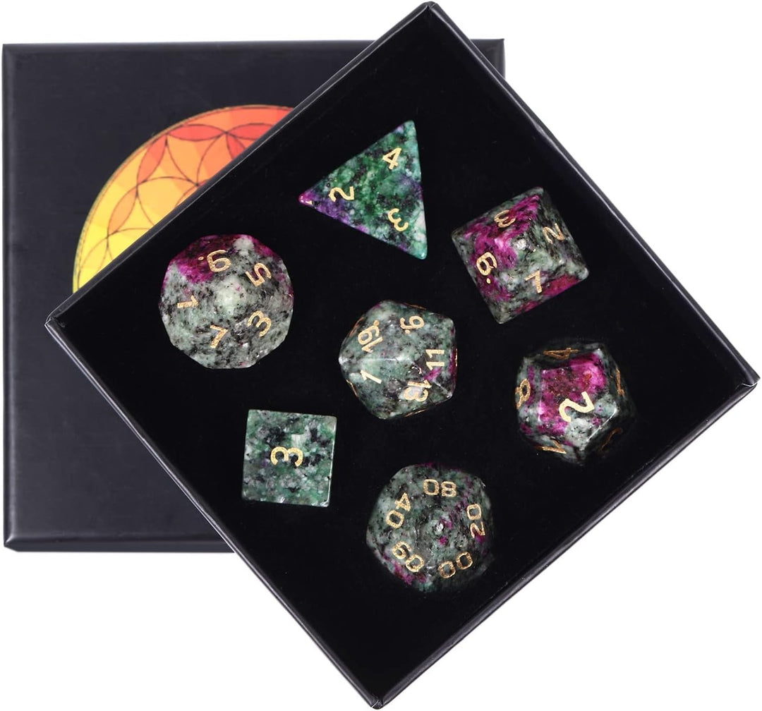KYEYGWO Rubin in Fuchsite Kristall Polyedrische Würfel Set, 7pcs Reiki Heilung Stein Polyedrischer S