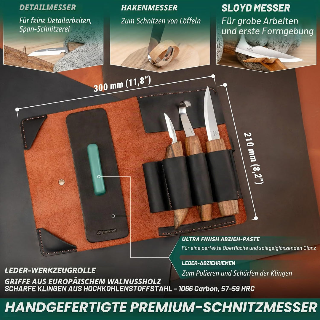 BeaverCraft Deluxe S13X Holzschnitzmesser-Set zum Holzschnitzen 3 Messer in einer Ledertasche mit Po