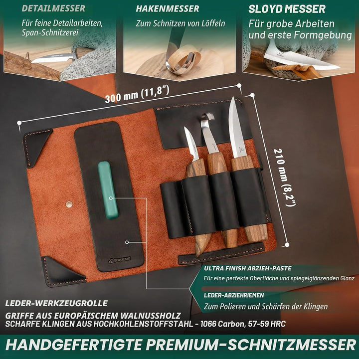 BeaverCraft Deluxe S13X Holzschnitzmesser-Set zum Holzschnitzen 3 Messer in einer Ledertasche mit Po