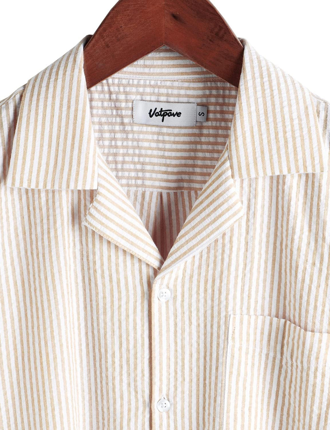VATPAVE Herren Gestreifte Sommerhemd Casual Button Down Kurzarm Strand HawaiiHemd M Khaki, M Khaki