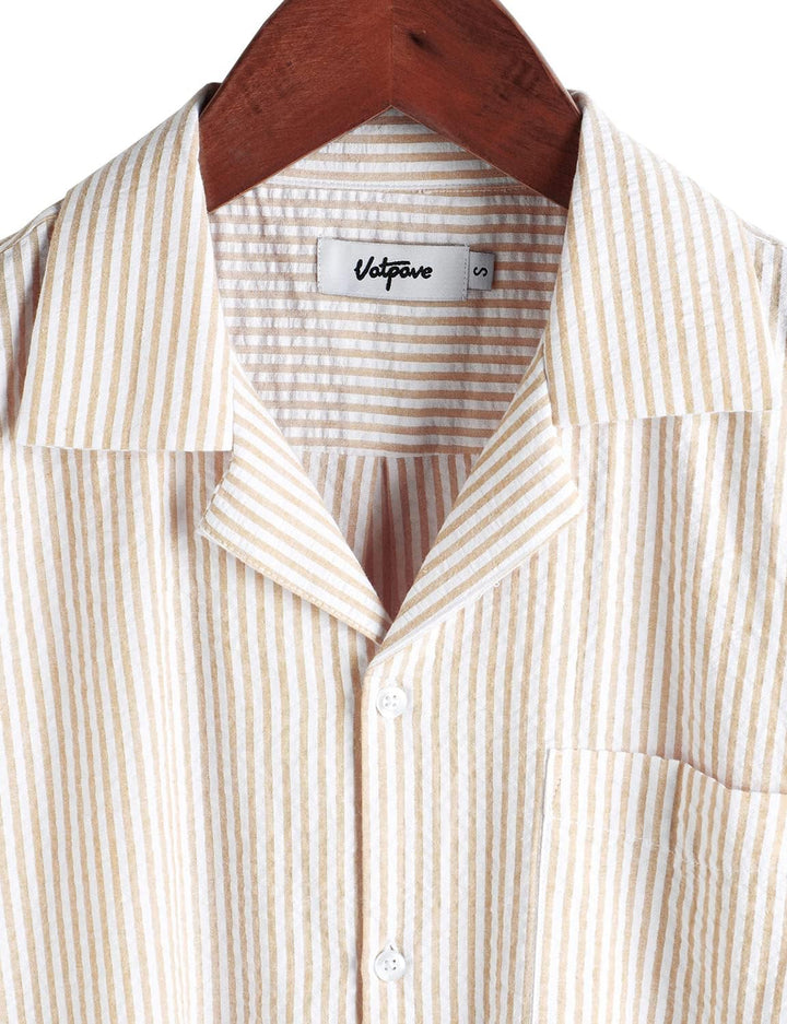 VATPAVE Herren Gestreifte Sommerhemd Casual Button Down Kurzarm Strand HawaiiHemd M Khaki, M Khaki