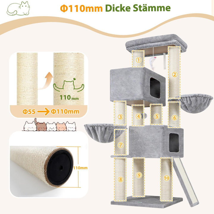 Globlazer Kratzbaum Dicke Stämme 11CM für Grosse Katzen mit 2 Extragross Katzenhaus 50*35*30cm, Ausr