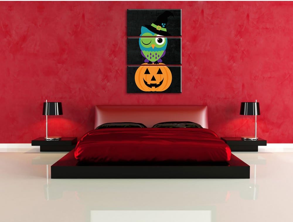 Pixxprint Lustige Hexen Eule als Leinwandbild/Grösse: 3 Teilig (120x80) cm/Wandbild/Kunstdruck/ferti