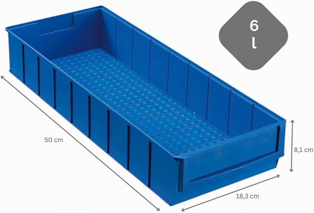 SparSet 10x Blaue Industriebox 500 B | HxBxT 8,1x18,3x50cm | 6 Liter | Sichtlagerkasten, Sortimentsk