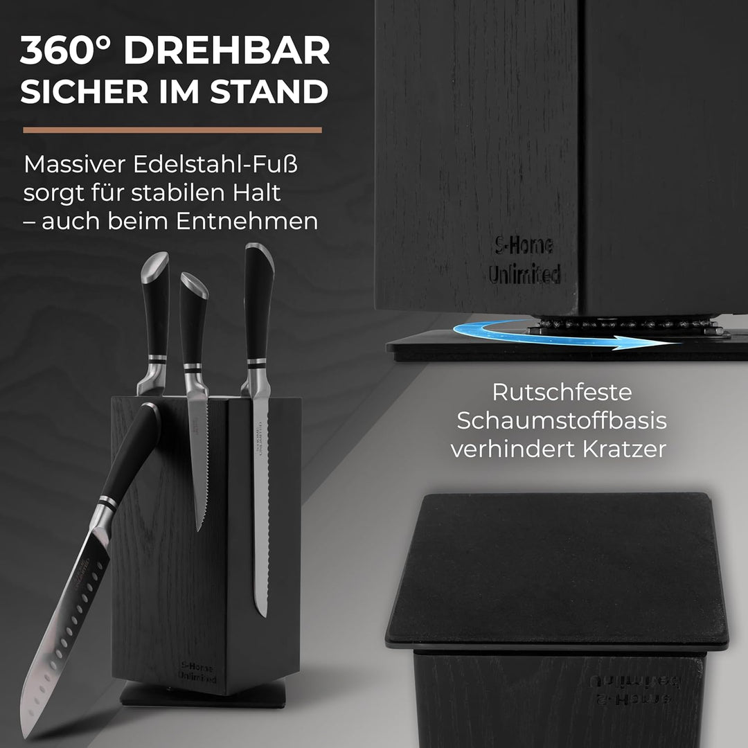 Magnetischer Messerblock ohne Messer | 360° drehbar | Massiver Holzblock in Schwarz mit sichtbarer M