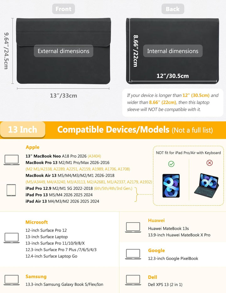 HYZUO 13 Zoll Laptop Hülle mit Standfunktion für 2026-2018 MacBook Air 13 M5 M4 M3 M2 M1, 2026 13" M