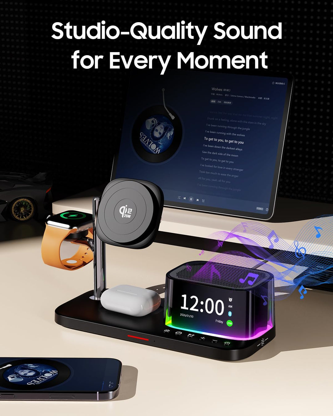 7-in-1 kabelloses Ladegerät, Bluetooth-Lautsprecher mit Wecker, 25W Handy-Schnellladung, Stimmungsli