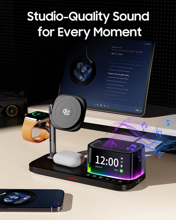 7-in-1 kabelloses Ladegerät, Bluetooth-Lautsprecher mit Wecker, 25W Handy-Schnellladung, Stimmungsli