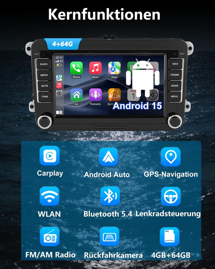 ESSGOO 4+64G Android 15 Autoradio CarPlay und Android Auto Für VW Caddy Golf MK5 6 Polo Passat Seat