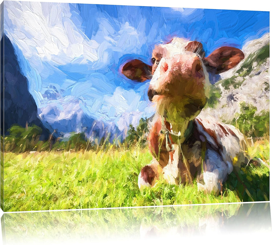 Pixxprint Kuh im Karwendelgebirge Kunst als Leinwandbild/Grösse: 100x70 / Wandbild/Kunstdruck/fertig