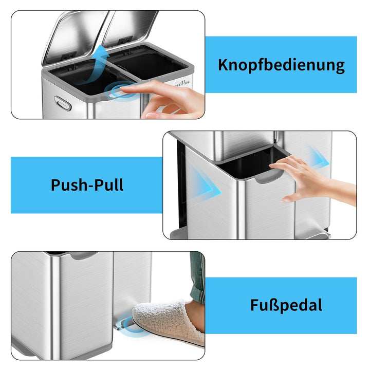 mVm Mülleimer Küche,60 Liter Treteimer,3 Fächer, Mülltrennsystem, Abfalleimer Küche mit Inneneimer a
