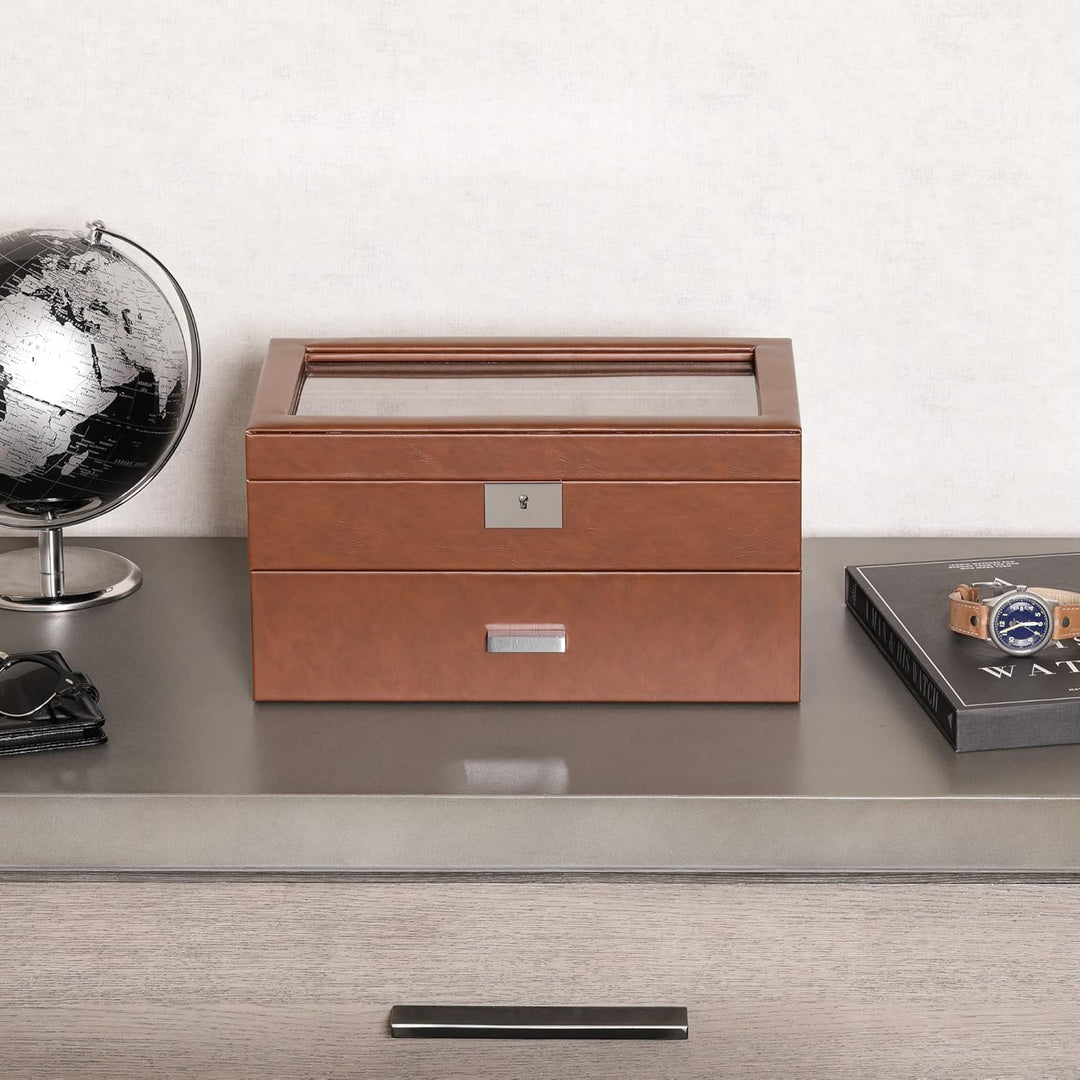 ROTHWELL Uhrenbox aus Leder mit 20 Fächern, luxuriöses Uhrengehäuse, Schmuck-Organizer, verschliessb