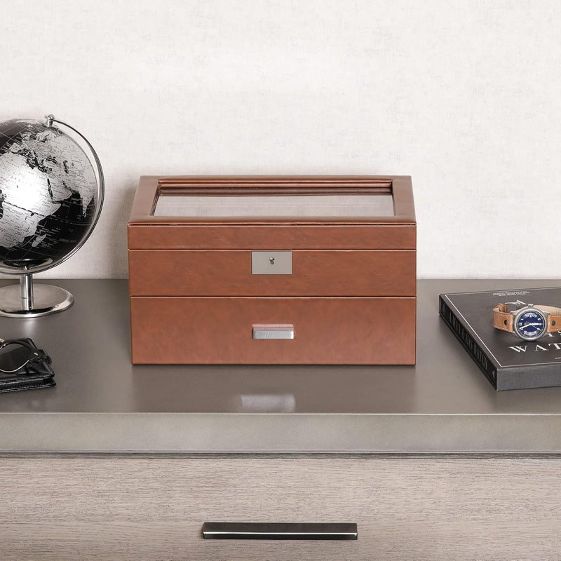 ROTHWELL Uhrenbox aus Leder mit 20 Fächern, luxuriöses Uhrengehäuse, Schmuck-Organizer, verschliessb
