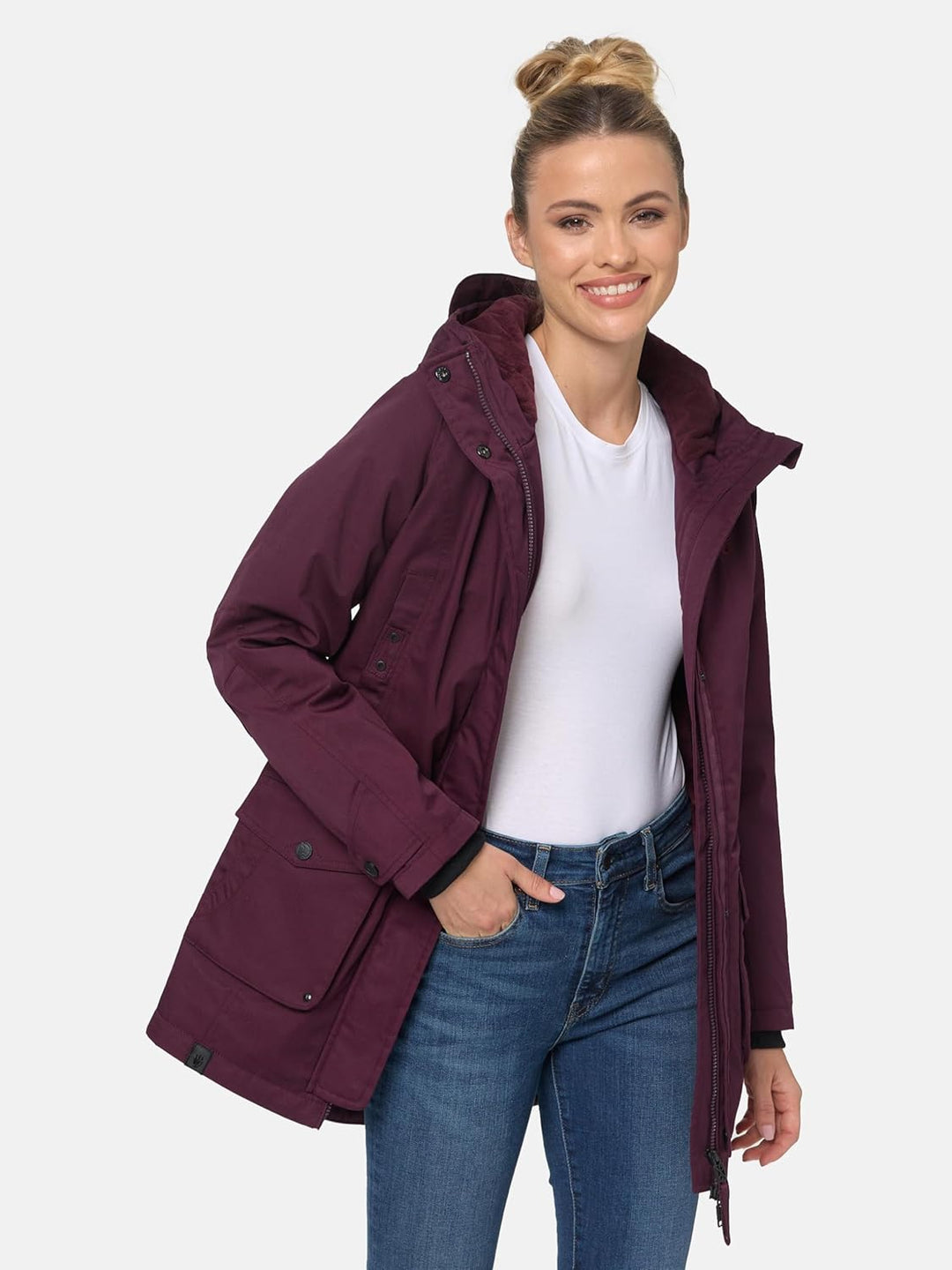 Navahoo Damen Übergangsjacke Warmer Kurzmantel Regenjacke mit Kapuze Brinjaa XS-XXL S Wine, S Wine