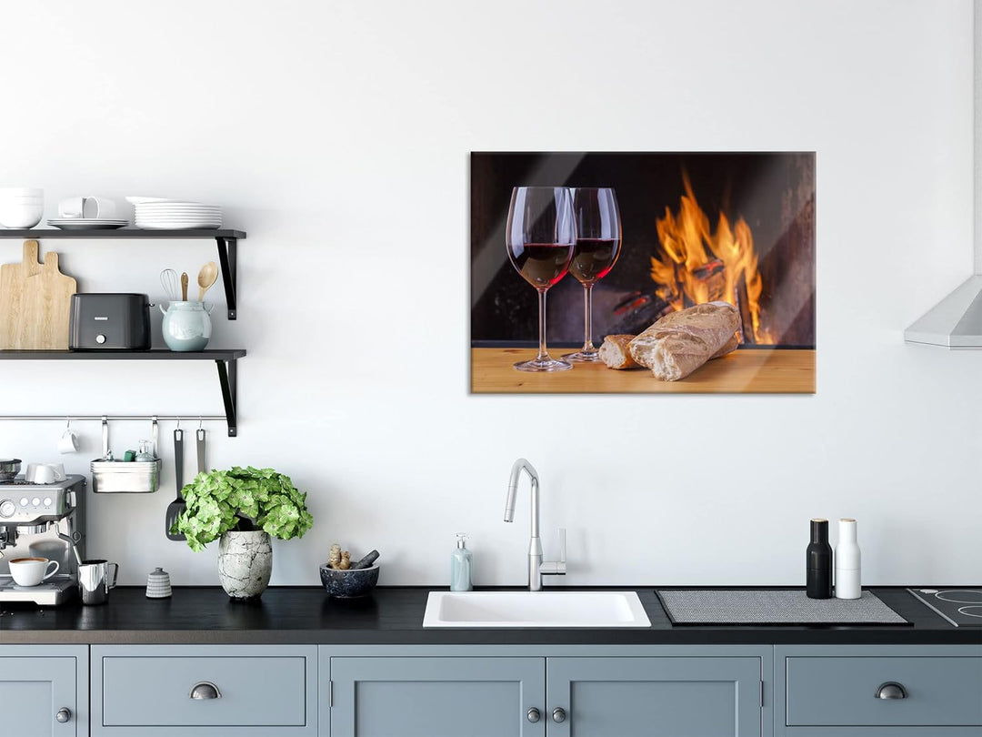 Pixxprint Glasbild | Wandbild aus Echtglas | Zwei Gläser Wein mit Baguette | 80x60 cm | inkl. Aufhän