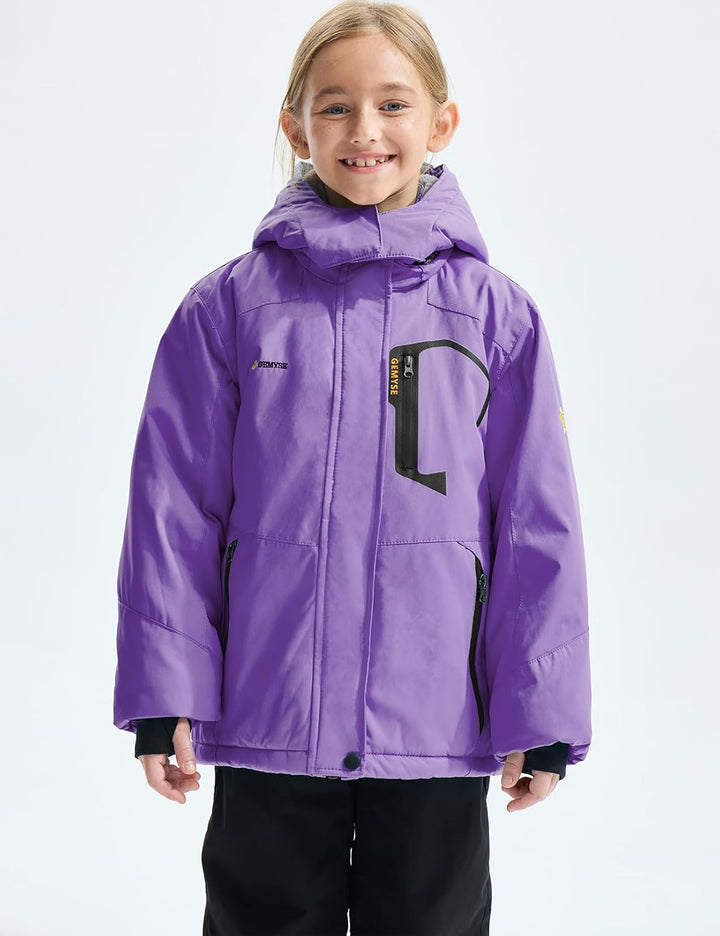 GEMYSE Mädchen Wasserdichte Skijacke Winddichte Fleece Outdoor Winterjacke Regenjacke mit Kapuze 128