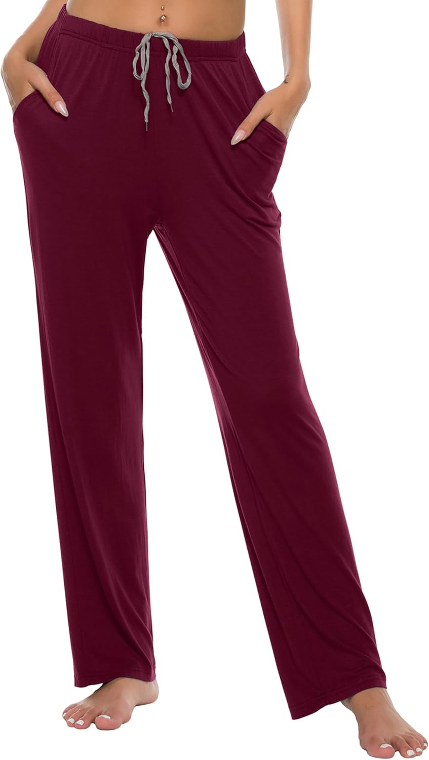 JINSHI Damen Schlafanzughose Lang Pyjamahose Weich Modal Nachtwäsche Freizeithose M Weinrot+ Schwarz